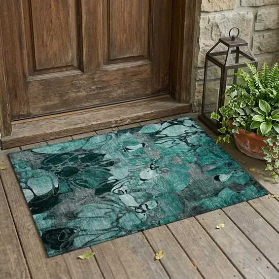 Teal Black and Gray Abstract Washable Indoor Outdoor Area Rug Photo 1