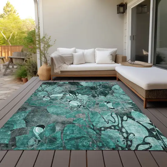 Teal Black and Gray Abstract Washable Indoor Outdoor Area Rug Photo 8