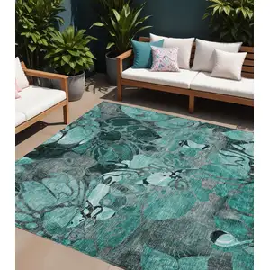 Photo of Teal Black and Gray Floral Washable Non Skid Indoor Outdoor Area Rug