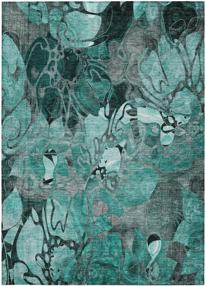 Teal Black and Gray Floral Washable Non Skid Indoor Outdoor Area Rug Photo 2