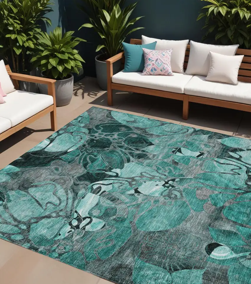 Teal Black and Gray Abstract Washable Indoor Outdoor Area Rug Photo 1
