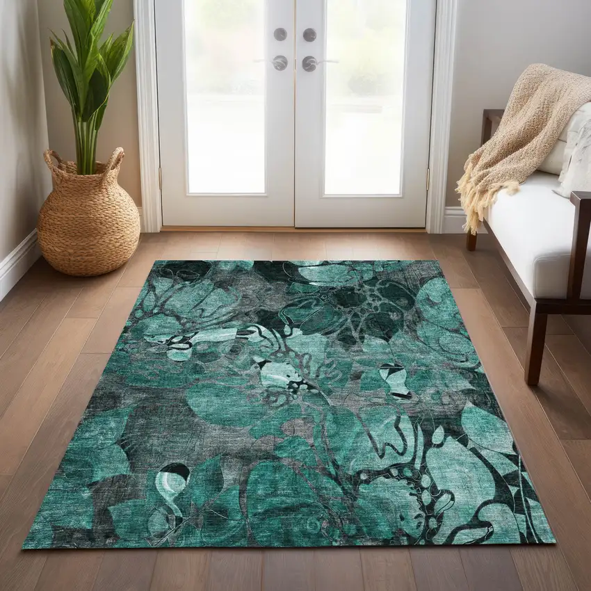 Teal Black and Gray Floral Washable Non Skid Indoor Outdoor Area Rug Photo 9
