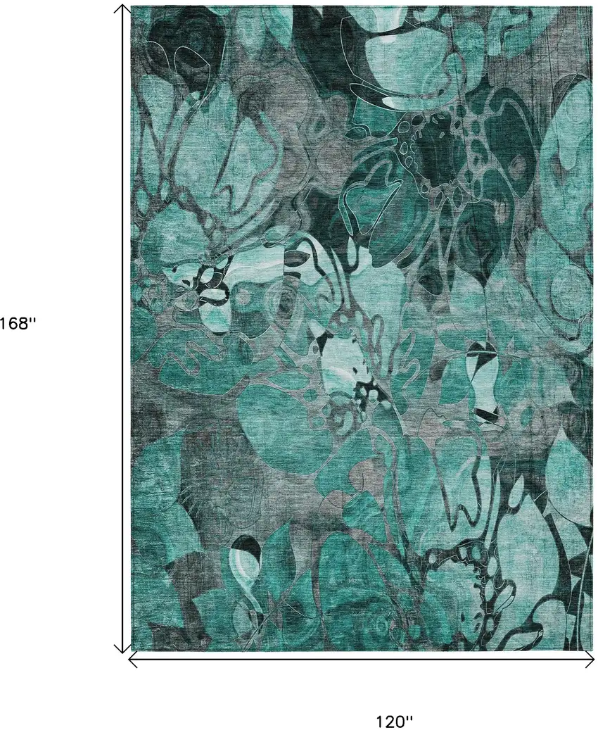 Teal Black and Gray Floral Washable Non Skid Indoor Outdoor Area Rug Photo 3