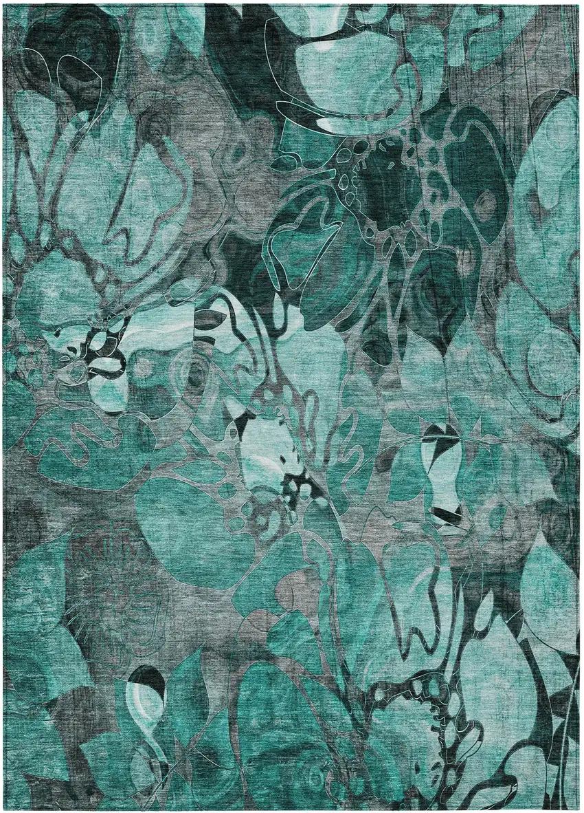 Teal Black and Gray Floral Washable Non Skid Indoor Outdoor Area Rug Photo 2