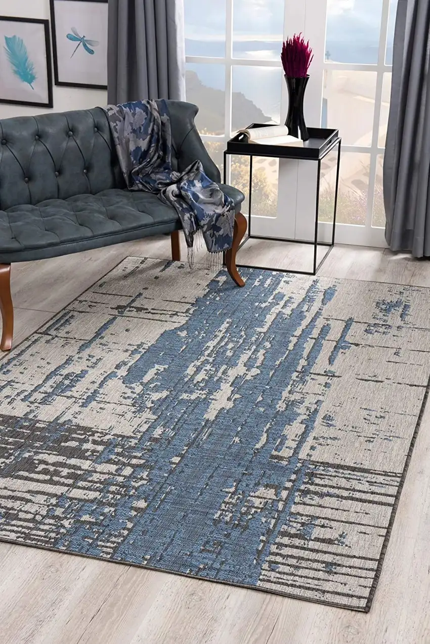 Teal Blue Abstract Textured Area Rug Photo 6