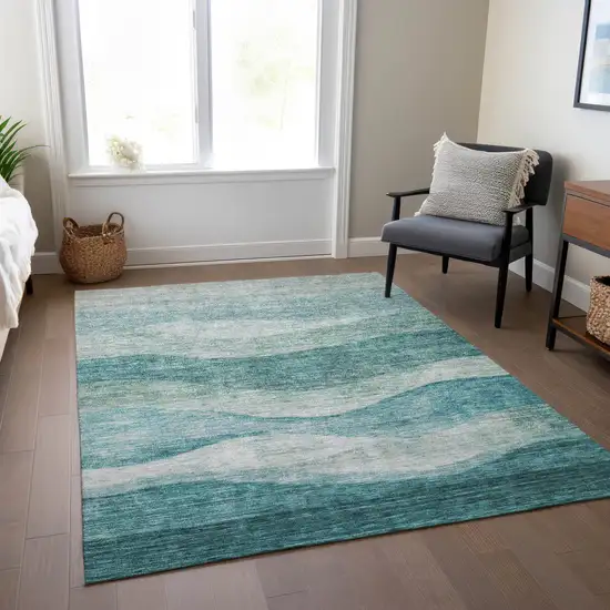 Teal Blue And Aqua Abstract Washable Indoor Outdoor Area Rug Photo 9