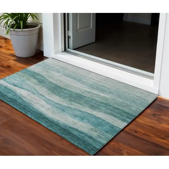 Teal Blue And Aqua Abstract Washable Indoor Outdoor Area Rug Photo 1