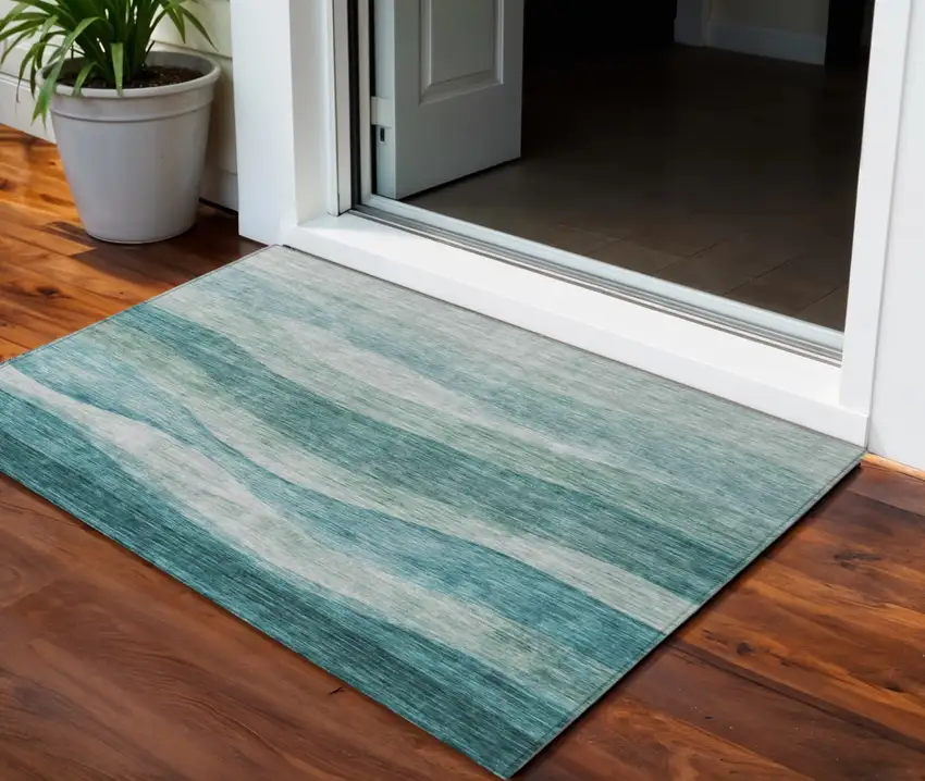 Teal Blue And Aqua Abstract Washable Indoor Outdoor Area Rug Photo 1