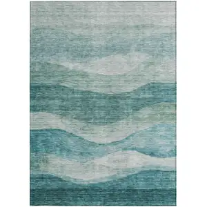 Photo of Teal Blue And Aqua Abstract Washable Indoor Outdoor Area Rug