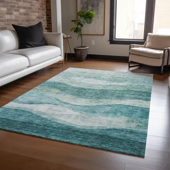 Teal Blue And Aqua Abstract Washable Indoor Outdoor Area Rug Photo 8