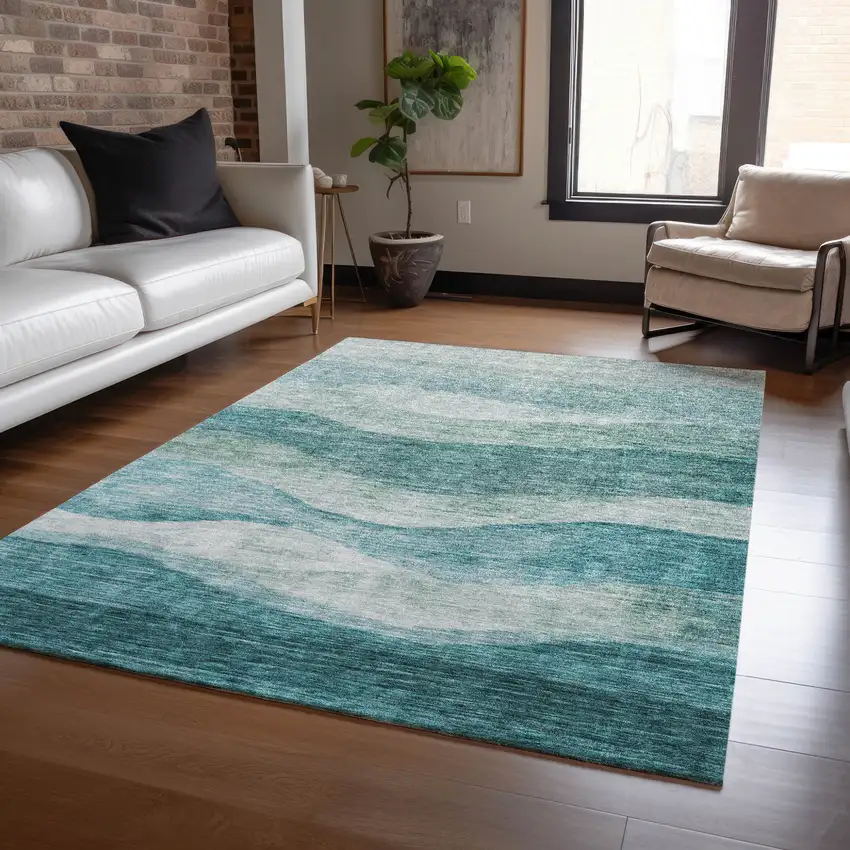 Teal Blue And Aqua Abstract Washable Indoor Outdoor Area Rug Photo 8