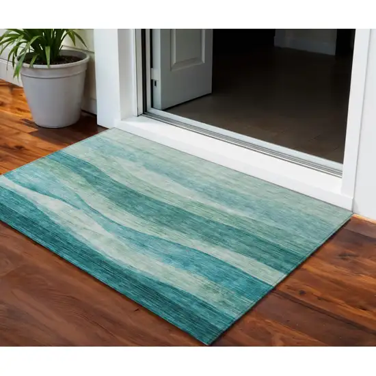 Teal Blue And Aqua Abstract Washable Indoor Outdoor Area Rug Photo 1
