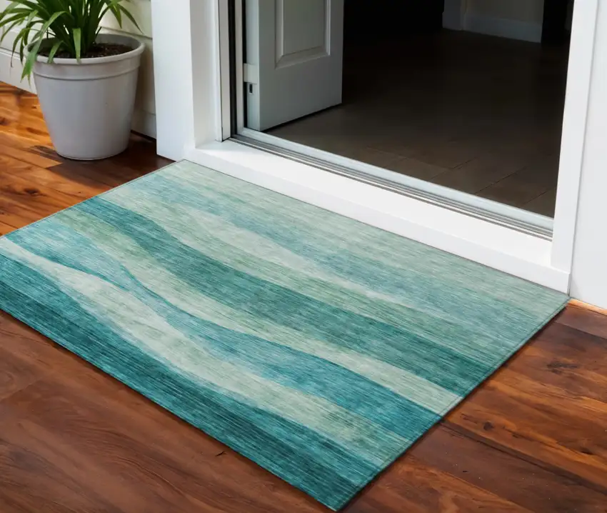 Teal Blue And Aqua Abstract Washable Indoor Outdoor Area Rug Photo 1