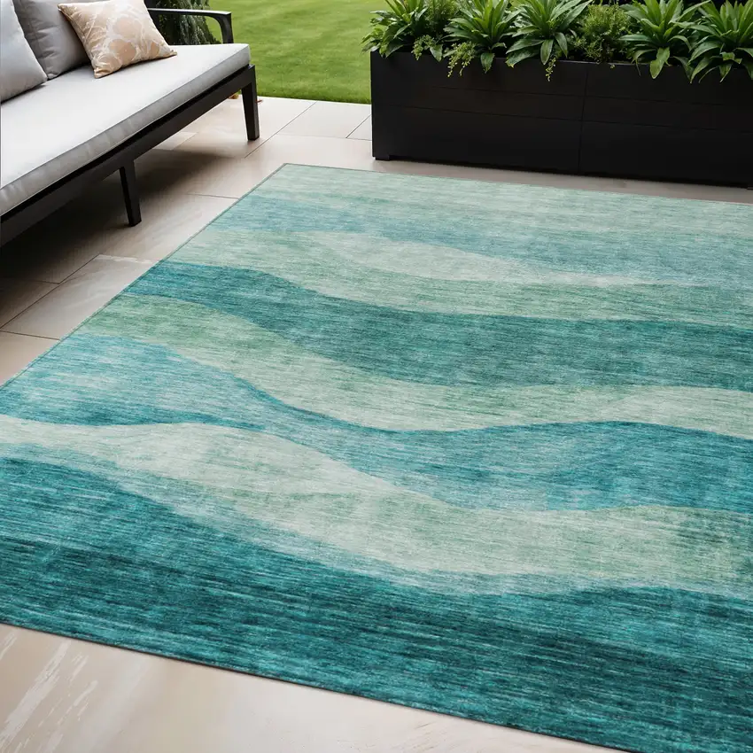 Teal Blue And Aqua Abstract Washable Indoor Outdoor Area Rug Photo 1