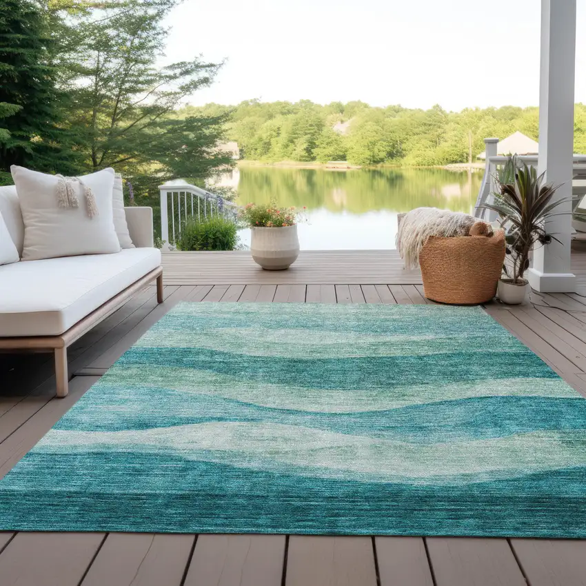 Teal Blue And Aqua Abstract Washable Indoor Outdoor Area Rug Photo 7