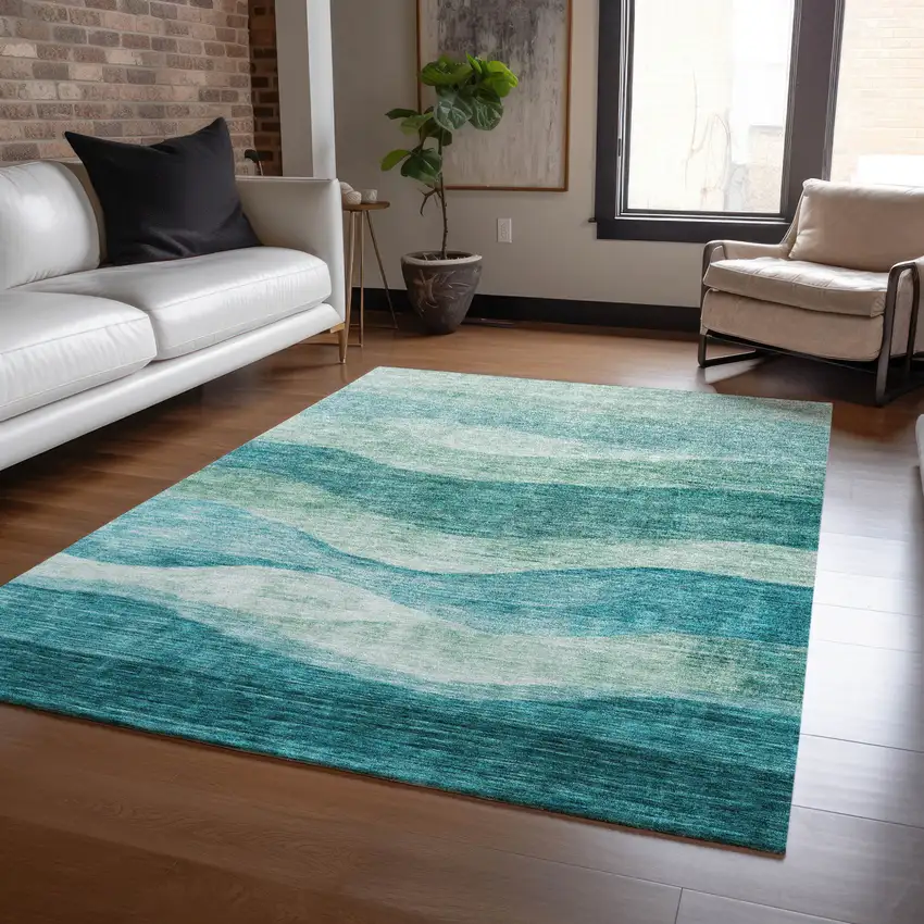 Teal Blue And Aqua Abstract Washable Indoor Outdoor Area Rug Photo 8