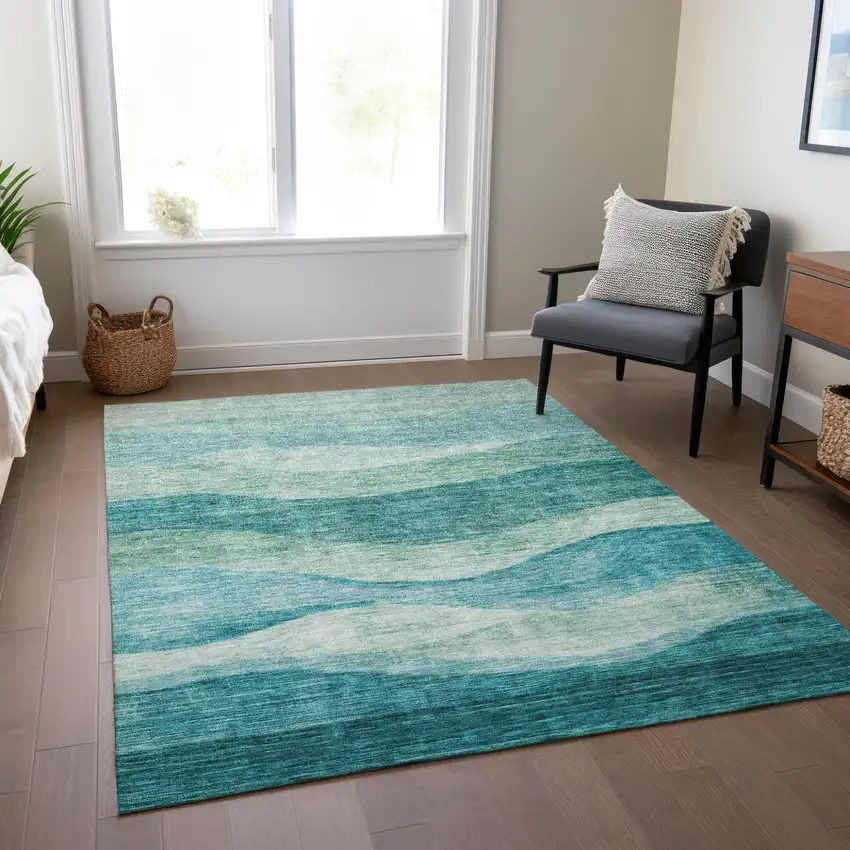 Teal Blue And Aqua Abstract Washable Indoor Outdoor Area Rug Photo 9