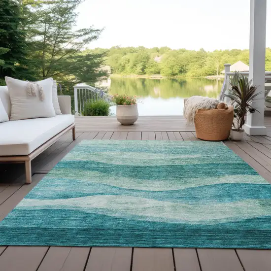 Teal Blue And Aqua Abstract Washable Indoor Outdoor Area Rug Photo 7
