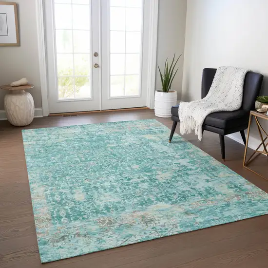 Teal Blue And Aqua Abstract Washable Indoor Outdoor Area Rug Photo 6