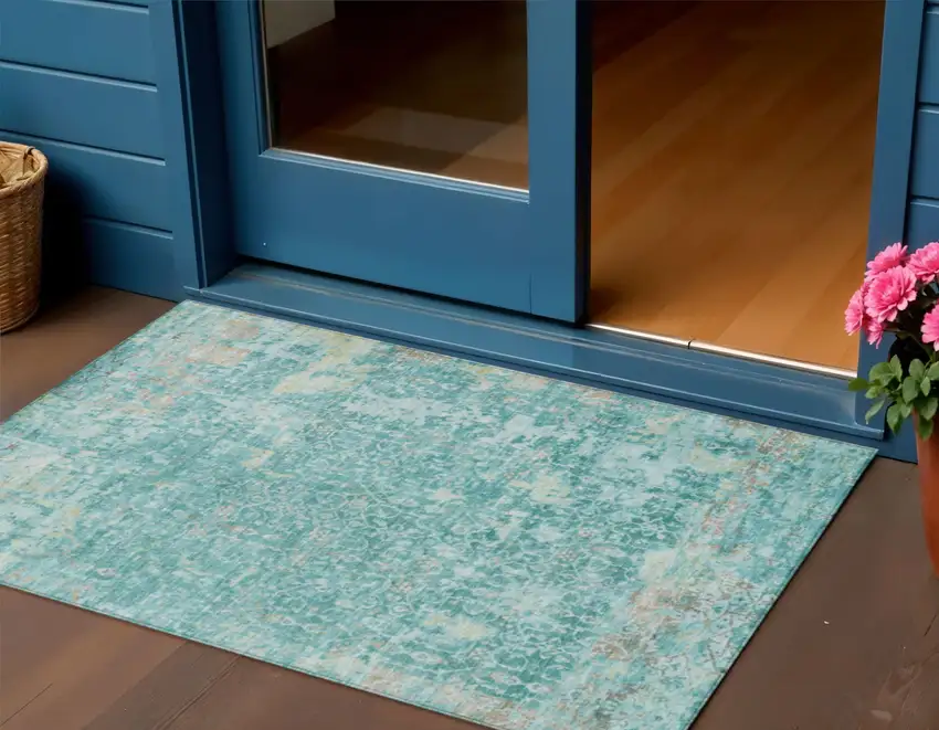 Teal Blue And Aqua Abstract Washable Indoor Outdoor Area Rug Photo 2