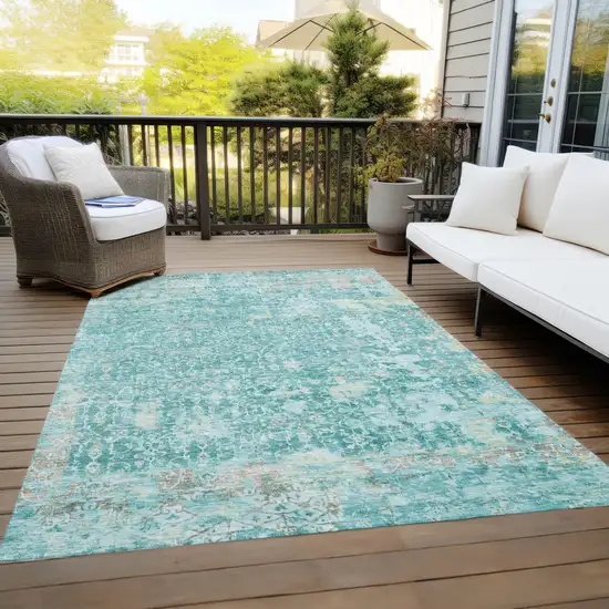 Teal Blue And Aqua Abstract Washable Indoor Outdoor Area Rug Photo 8