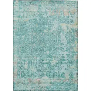 Photo of Teal Blue And Aqua Abstract Washable Indoor Outdoor Area Rug