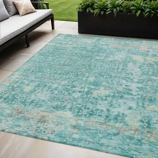 Teal Blue And Aqua Abstract Washable Indoor Outdoor Area Rug Photo 2
