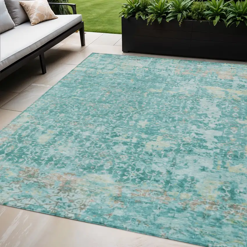 Teal Blue And Aqua Abstract Washable Indoor Outdoor Area Rug Photo 2