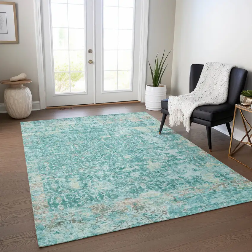 Teal Blue And Aqua Abstract Washable Indoor Outdoor Area Rug Photo 6
