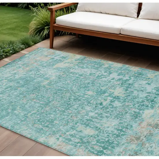 Teal Blue And Aqua Abstract Washable Indoor Outdoor Area Rug Photo 2