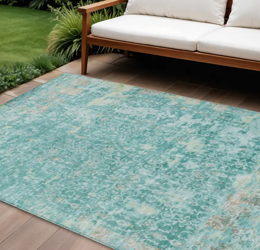 Teal Blue And Aqua Abstract Washable Indoor Outdoor Area Rug Photo 2