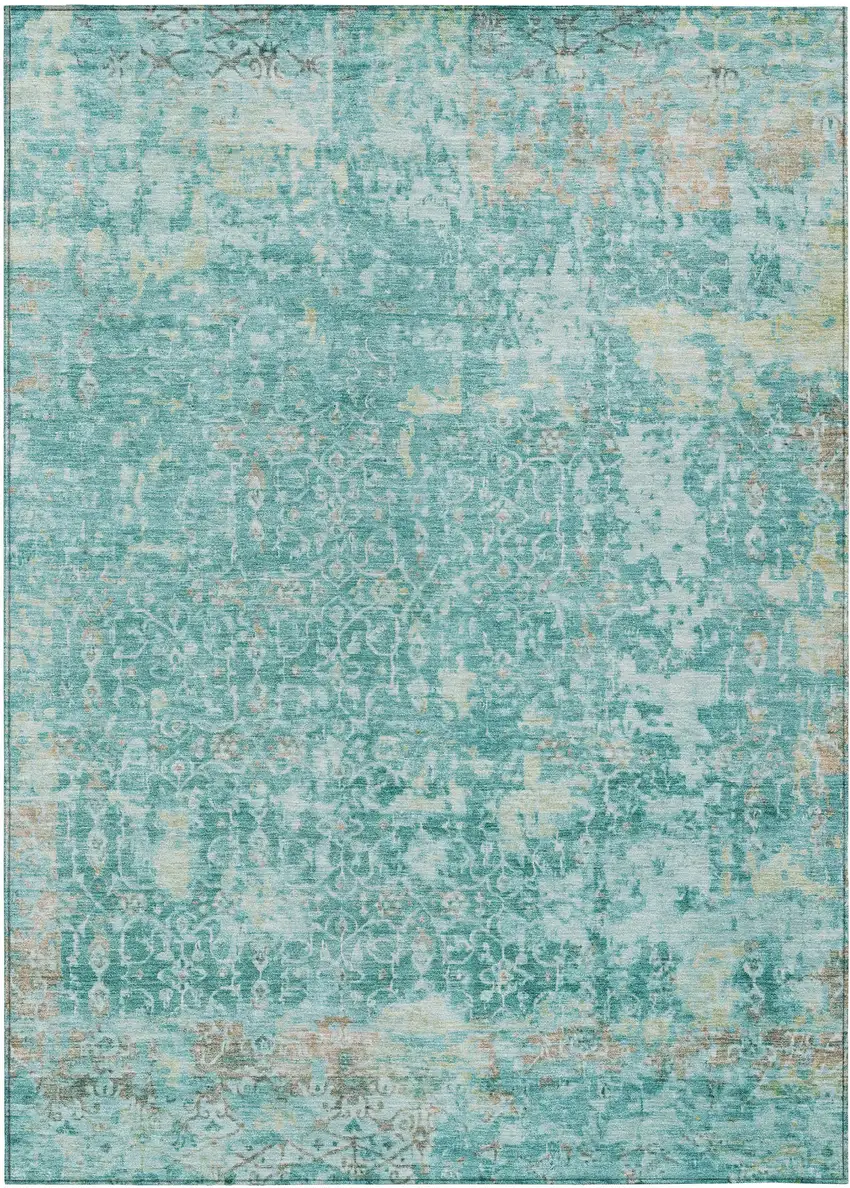 Teal Blue And Aqua Abstract Washable Indoor Outdoor Area Rug Photo 1