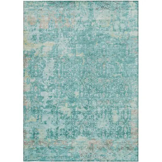 Teal Blue And Aqua Abstract Washable Indoor Outdoor Area Rug Photo 4