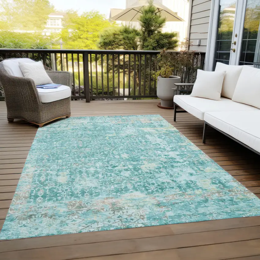 Teal Blue And Aqua Abstract Washable Indoor Outdoor Area Rug Photo 8