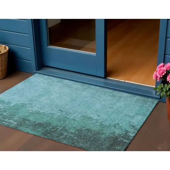 Teal Blue And Aqua Abstract Washable Indoor Outdoor Area Rug Photo 2