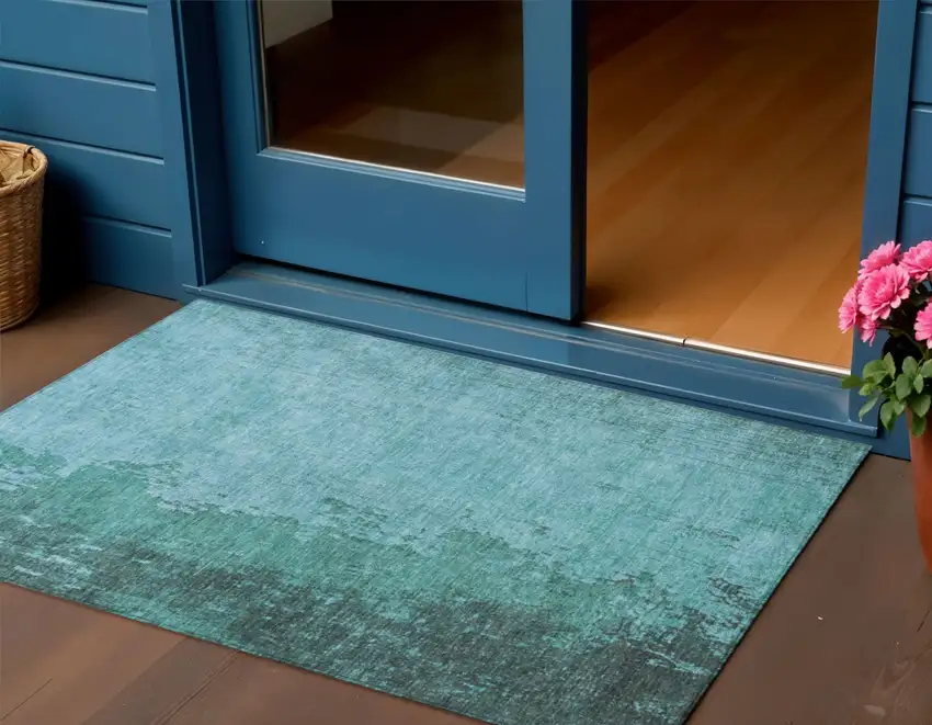 Teal Blue And Aqua Abstract Washable Indoor Outdoor Area Rug Photo 2