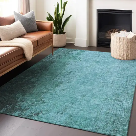 Teal Blue And Aqua Abstract Washable Indoor Outdoor Area Rug Photo 6