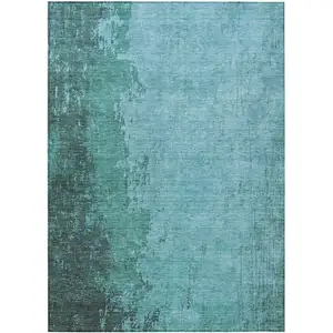 Photo of Teal Blue And Aqua Abstract Washable Indoor Outdoor Area Rug