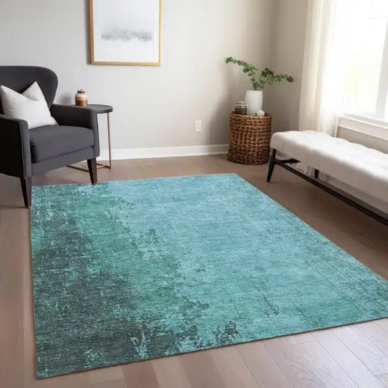 Teal Blue And Aqua Abstract Washable Indoor Outdoor Area Rug Photo 7