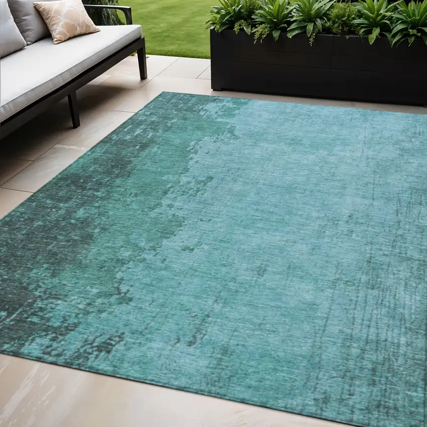 Teal Blue And Aqua Abstract Washable Indoor Outdoor Area Rug Photo 2