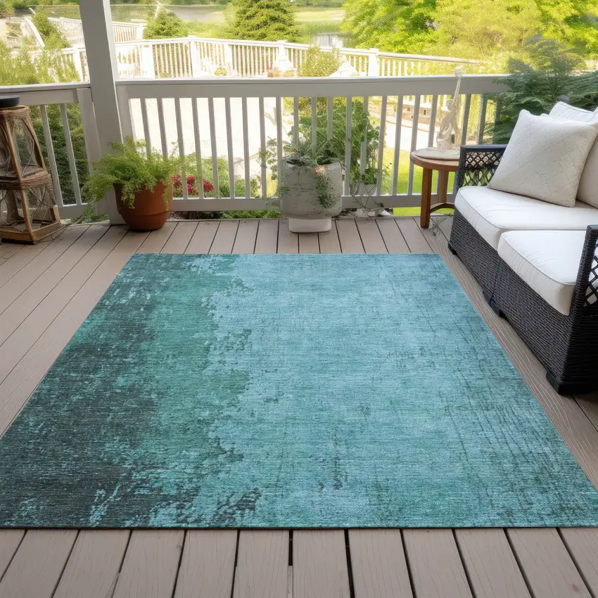 Teal Blue And Aqua Abstract Washable Indoor Outdoor Area Rug Photo 8