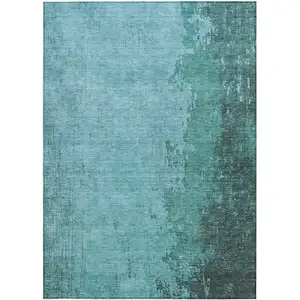 Photo of Teal Blue And Aqua Abstract Washable Indoor Outdoor Area Rug