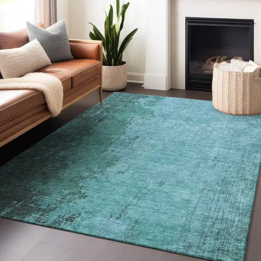 Teal Blue And Aqua Abstract Washable Indoor Outdoor Area Rug Photo 5