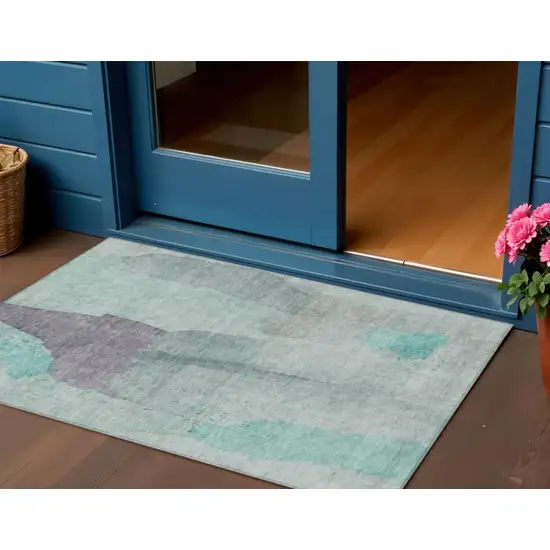 Teal Blue And Aqua Abstract Washable Indoor Outdoor Area Rug Photo 2