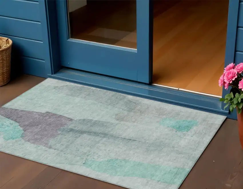 Teal Blue And Aqua Abstract Washable Indoor Outdoor Area Rug Photo 2