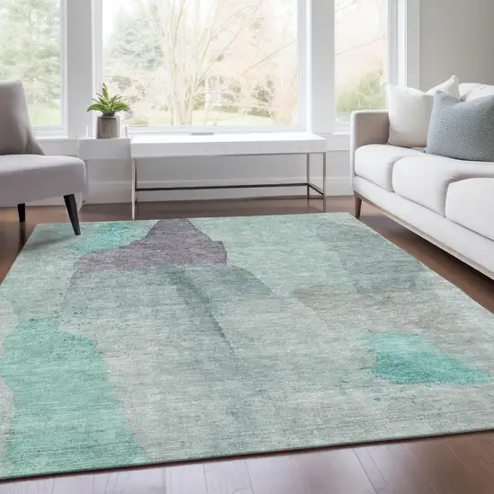 Teal Blue And Aqua Abstract Washable Indoor Outdoor Area Rug Photo 7