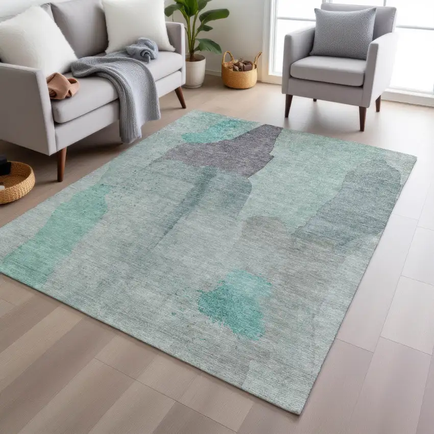 Teal Blue And Aqua Abstract Washable Indoor Outdoor Area Rug Photo 6