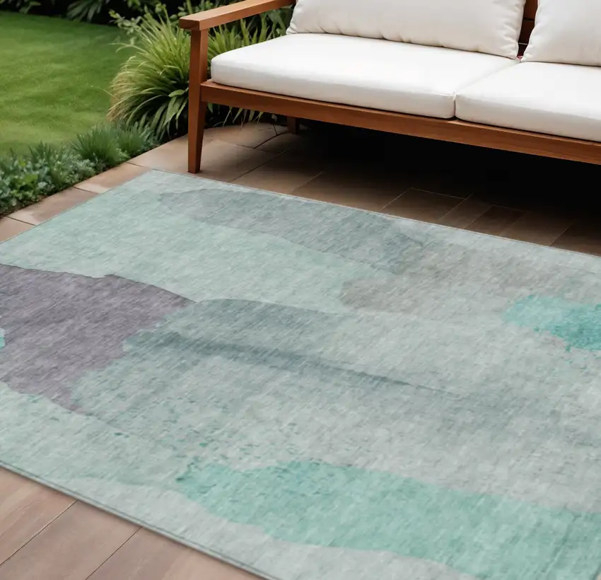 Teal Blue And Aqua Abstract Washable Indoor Outdoor Area Rug Photo 2