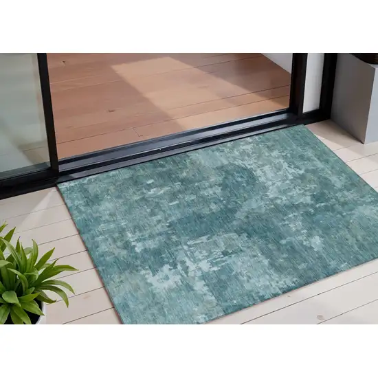Teal Blue And Aqua Abstract Washable Indoor Outdoor Area Rug Photo 1