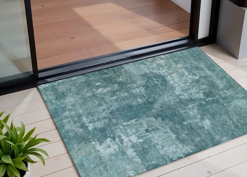 Teal Blue And Aqua Abstract Washable Indoor Outdoor Area Rug Photo 1